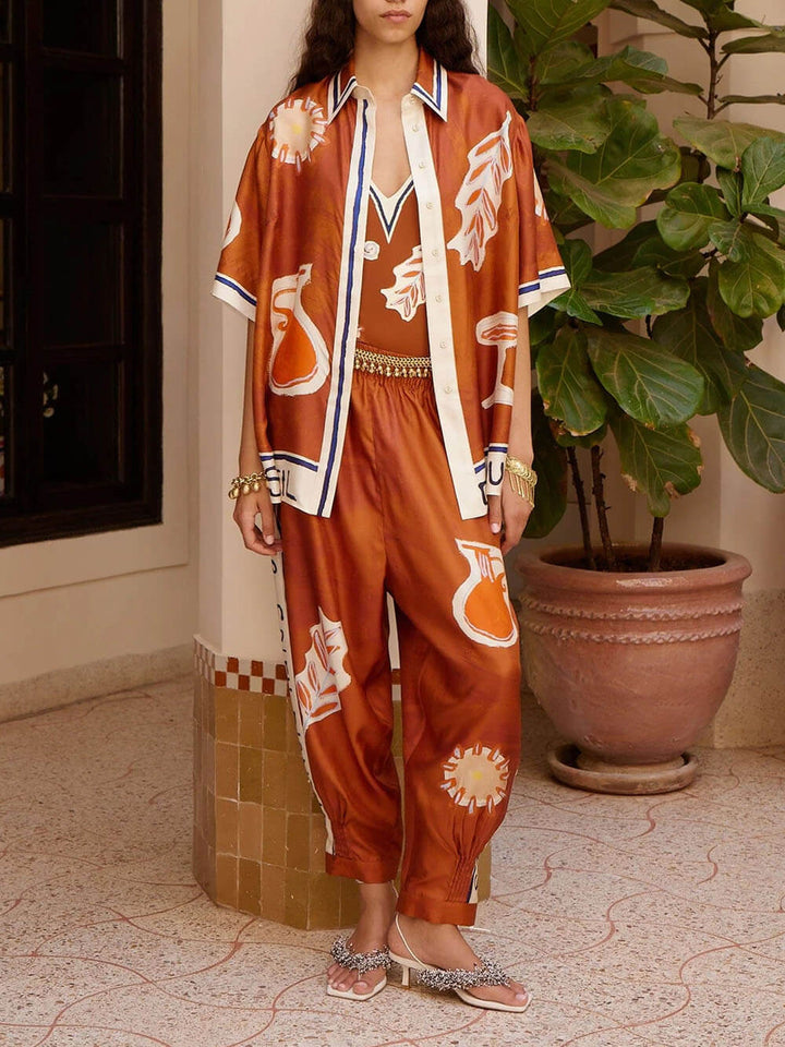 Unique Satin Print Elastic Waist Loose Pleated Tapered Pants