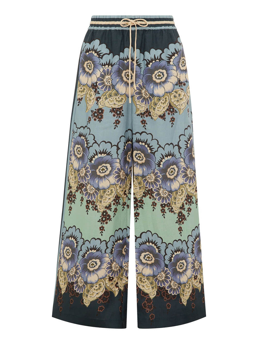 Classic Unique Floral Print Colorblocked Lace-Up Pockets Elastic Waist Wide-Leg Pants
