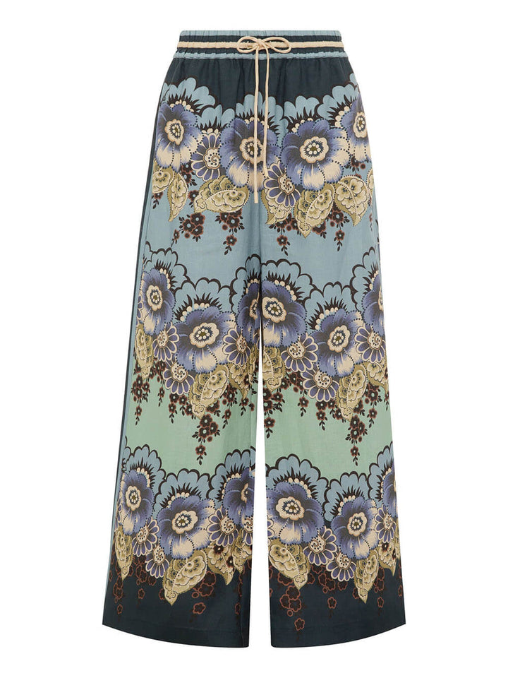Classic Unique Floral Print Colorblocked Lace-Up Pockets Elastic Waist Wide-Leg Pants