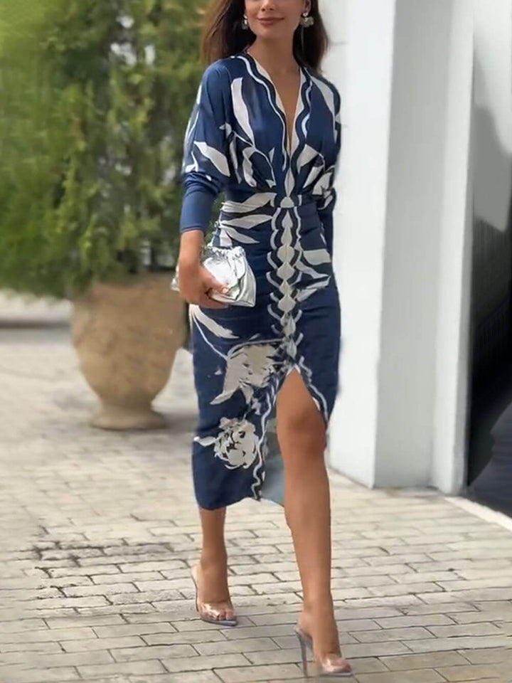 Elegant And Unique Print Dolman Long Sleeve Ruched Slit Midi Dress