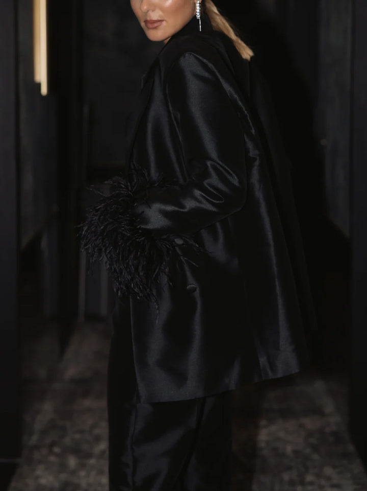Elegant Satin Feather-embellished Double-breasted Blazer