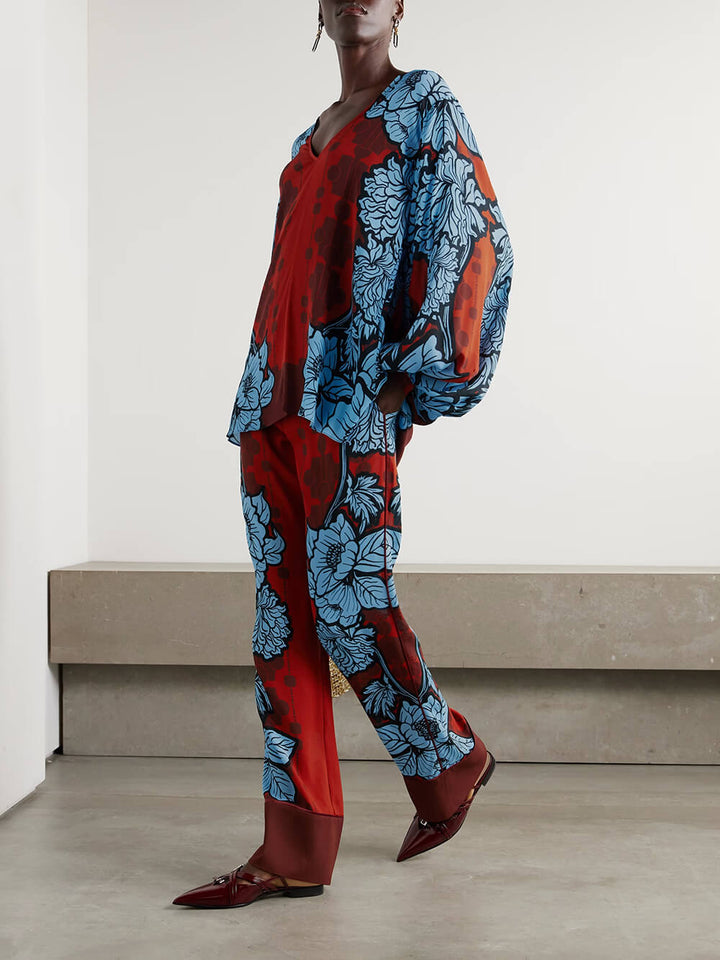 Unique Color-Block Floral Print Satin Piped Pocket Pants