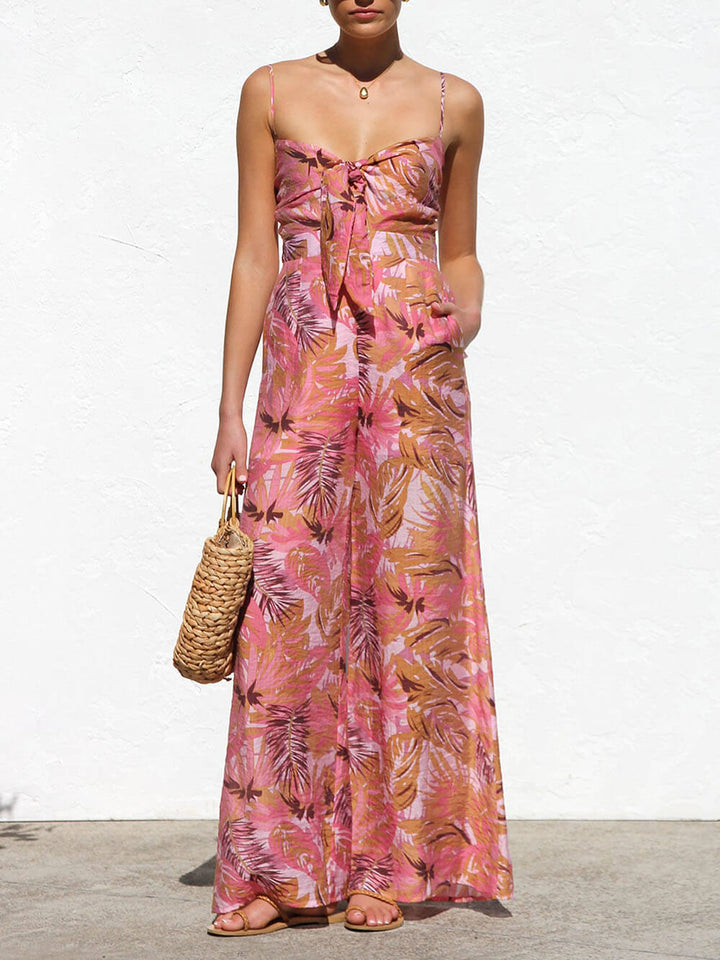 Delicate Botanical Print Strappy Resort Style Wide-leg Pants Jumpsuit