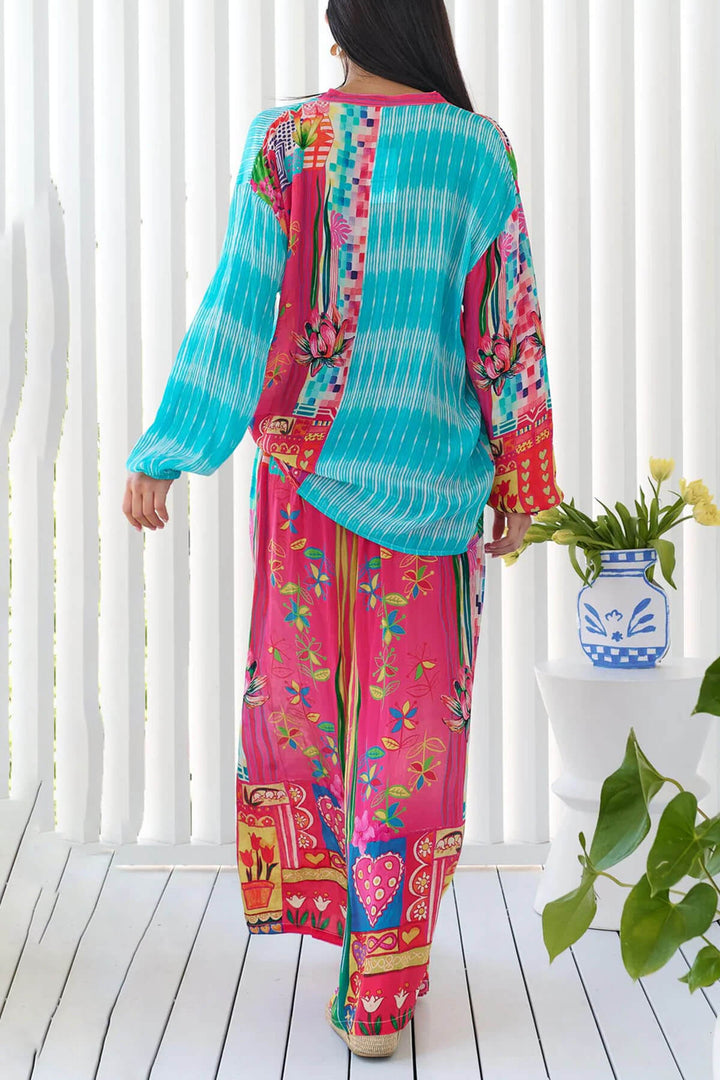 Unique Floral Print Elastic Waist Wide-Leg Pants