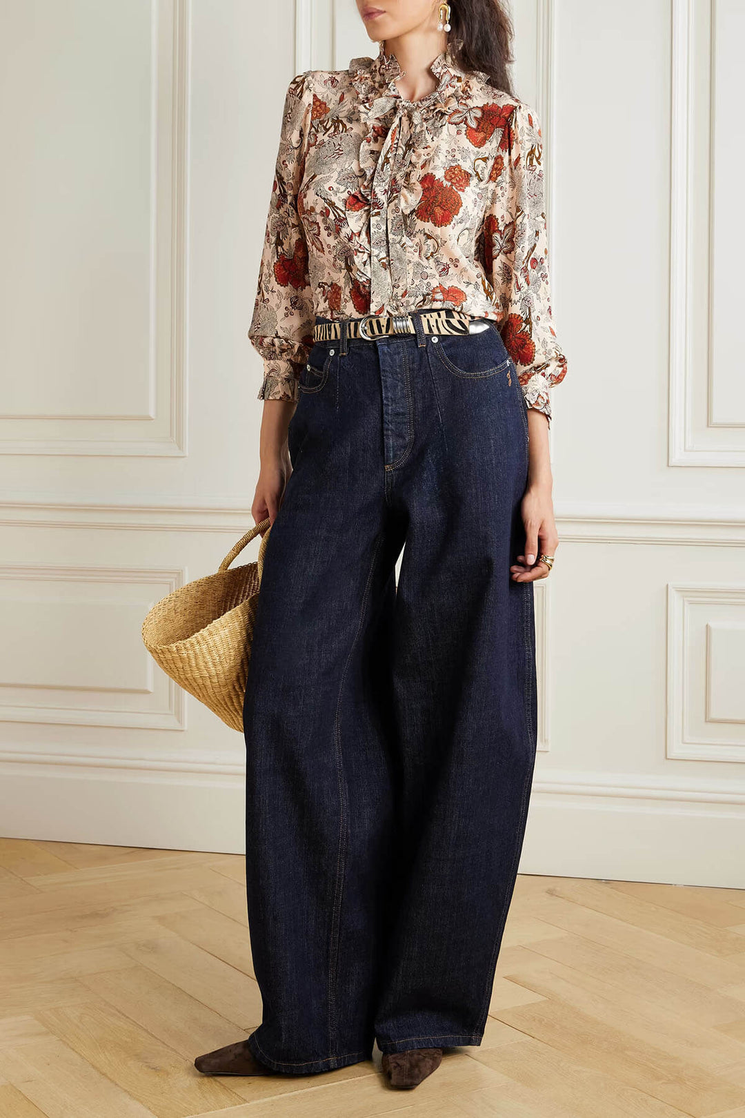 Unique Pussy-Bow Floral-Print Satin Blouse