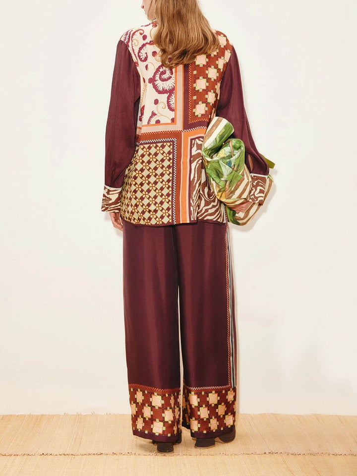 Unique Paisley Color-Block Satin Elastic Waist Wide-Leg Pants