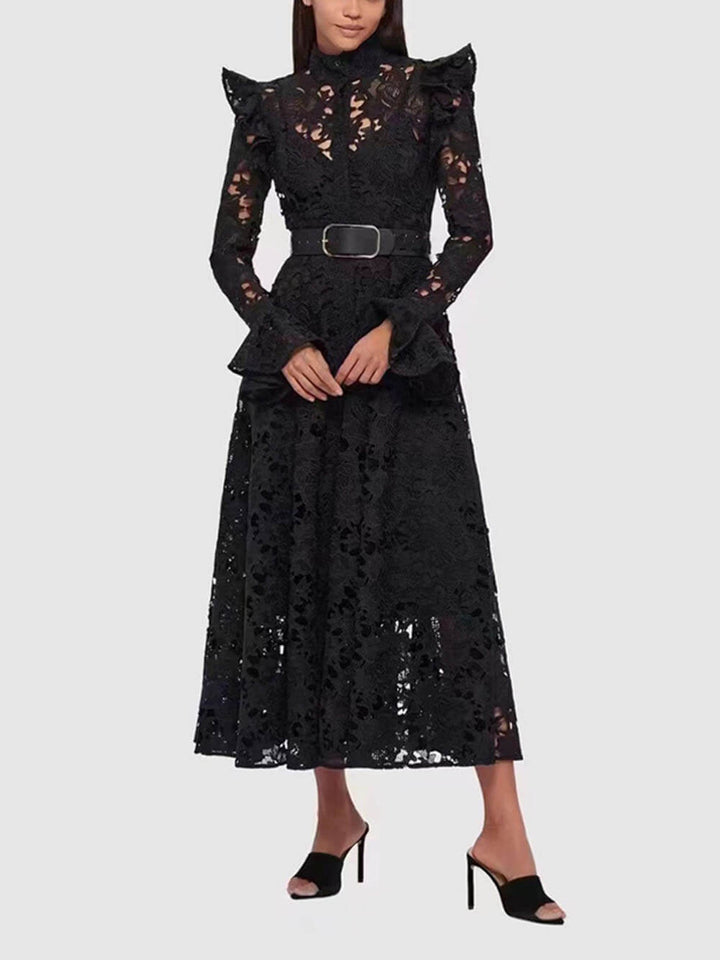 Elegant Hollow Lace Trumpet Sleeve Party Evening Gown Maxi Dress