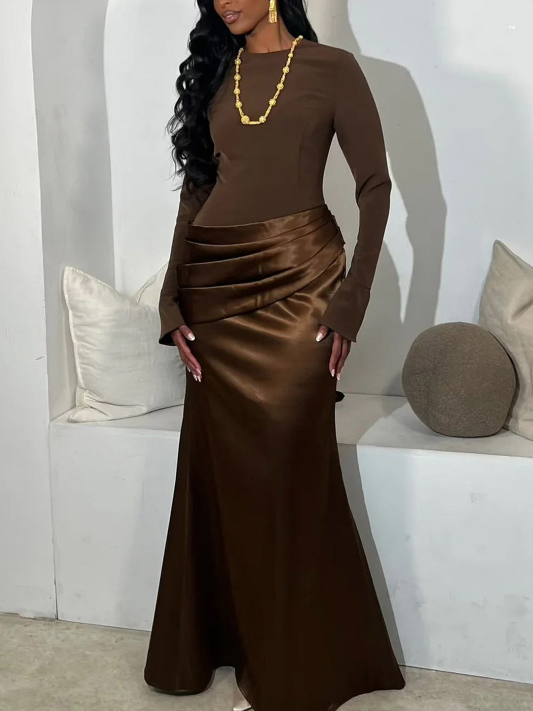 Elegant Long-Sleeved Draped Satin Maxi Dress