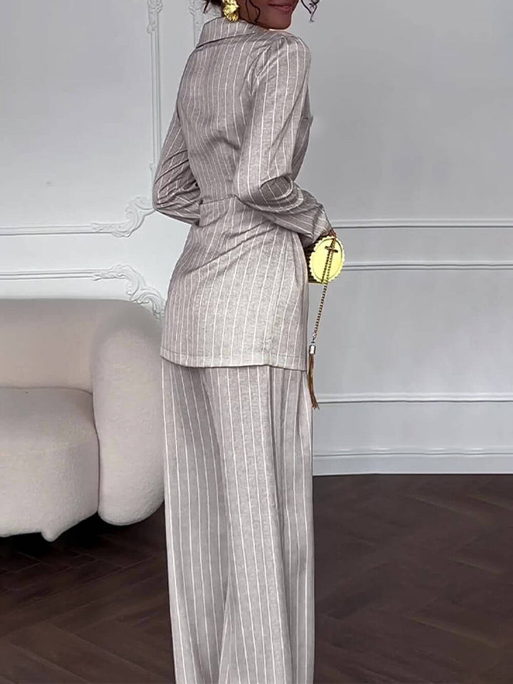 Elegant Lapel Striped Print Tie-Waist Blazer