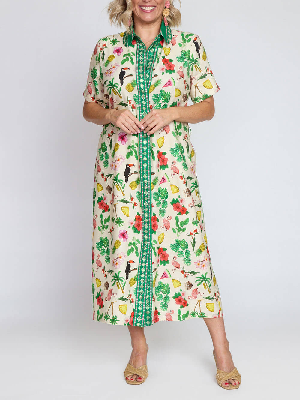 Modern Fruity Floral Unique Print Loose Tie Midi Shirtdress