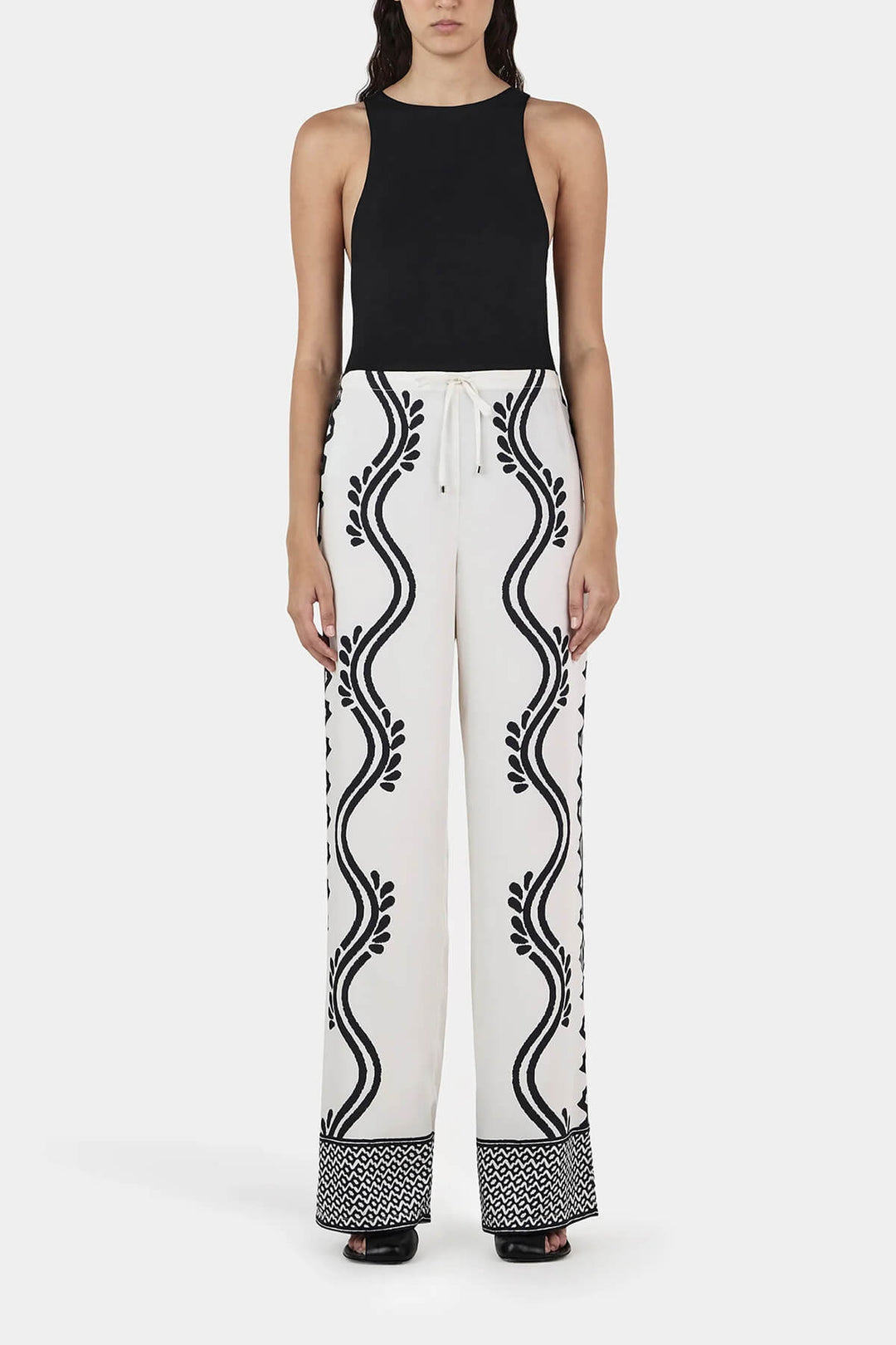Retro Geometric Wave Print Elastic Drawstring Straight Leg Trousers