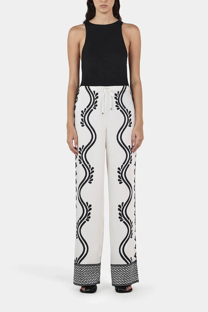 Retro Geometric Wave Print Elastic Drawstring Straight Leg Trousers