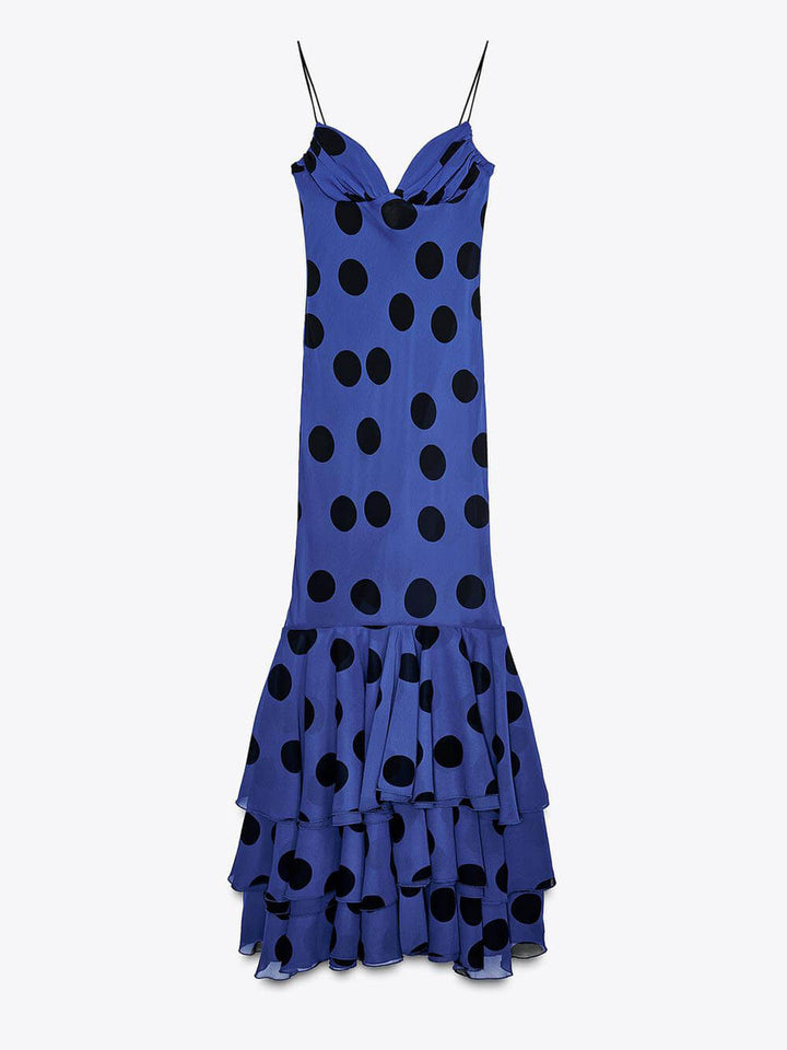 Elegant Polka Dot Print Fluffy Ruffles At The Hem Maxi Dress