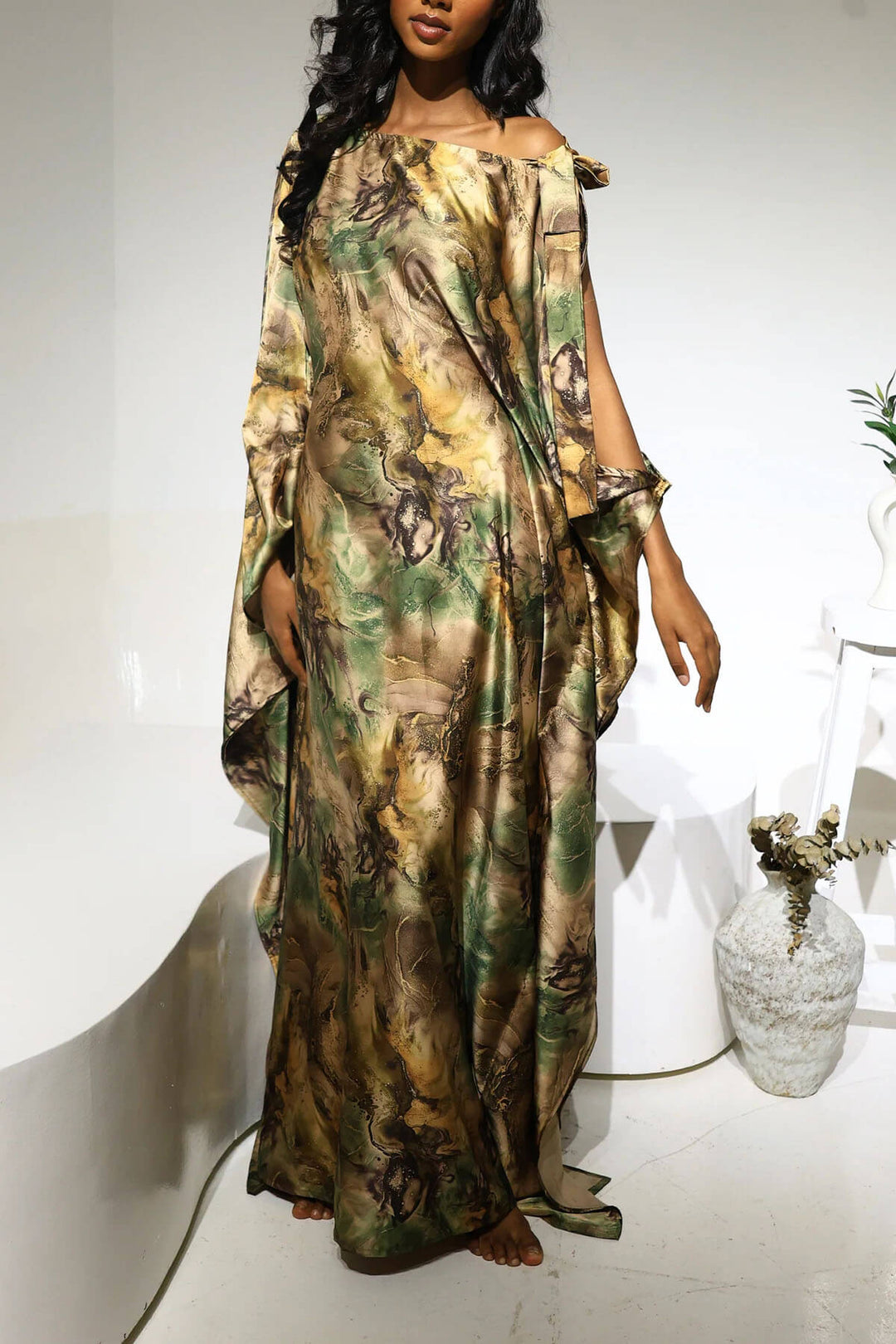 Unique Satin Asymmetrical Marble Print Maxi Dress