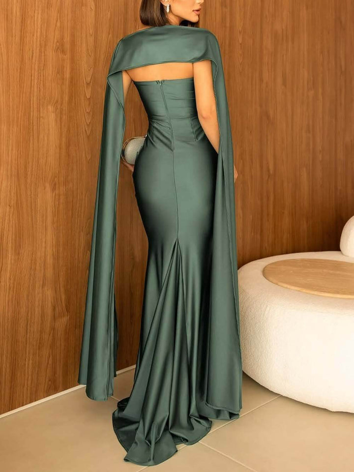 Elegant Strapless Cape Evening Maxi Dress