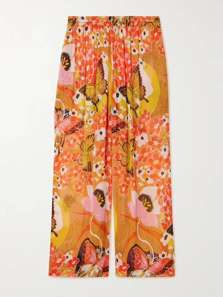 Unique Floral Print Elastic Waist Straight-Leg Pants