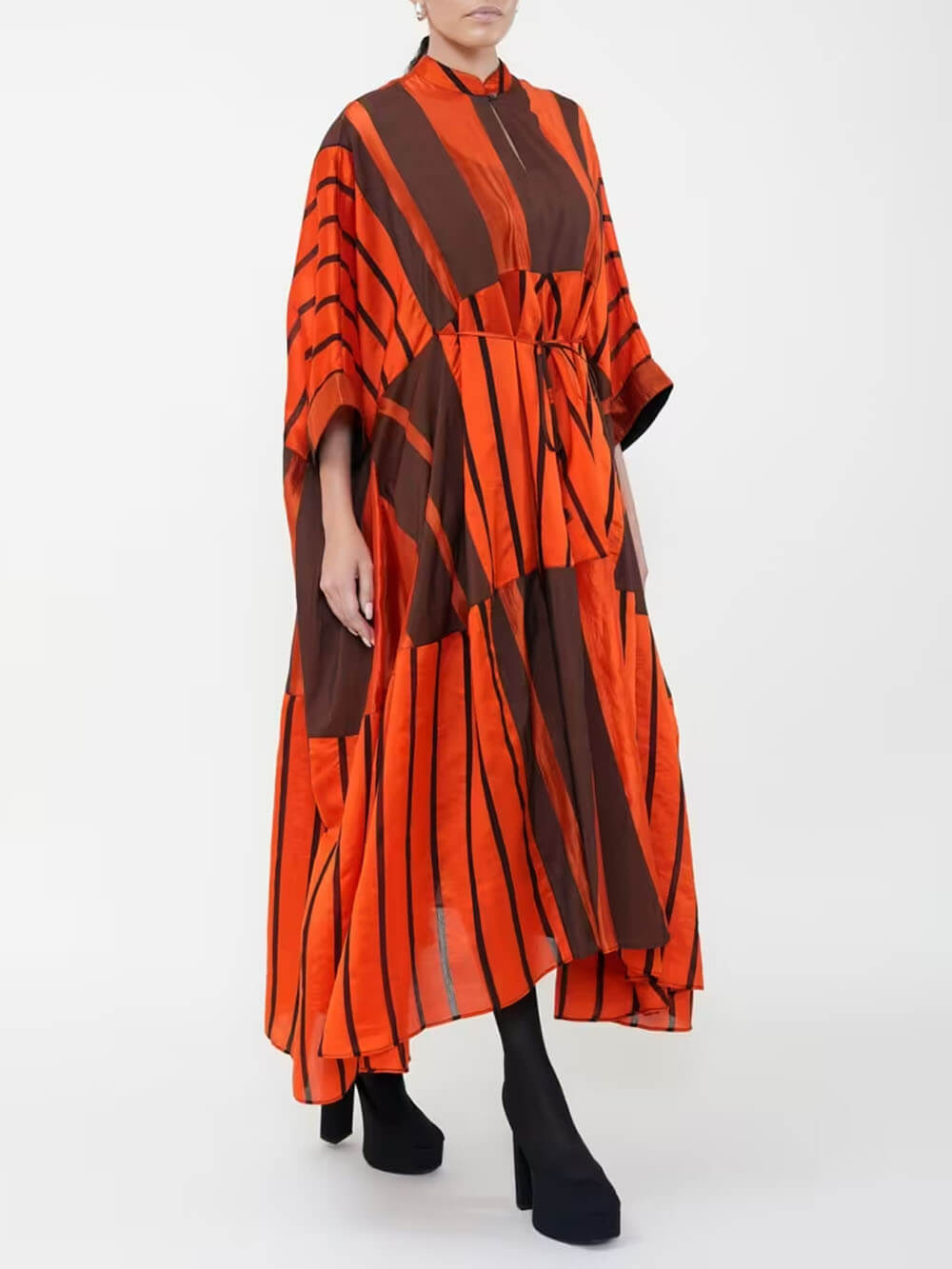 Fashion Striped Patchwork Cape-Style Tie-Up Asymmetric Midi Dress