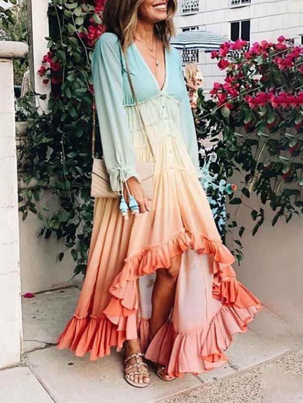 Unique Gradient Print Bohemian Rainbow Tiered Maxi Dress