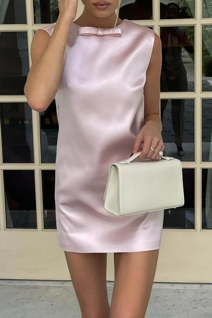 Elegant Bow-Tie Backless Satin Pink Mini Dress