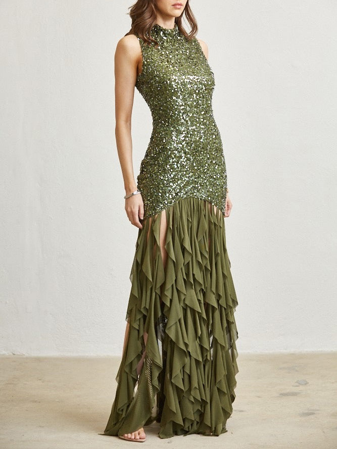 Elegant Sequined Backless High-neck Maxi Dress