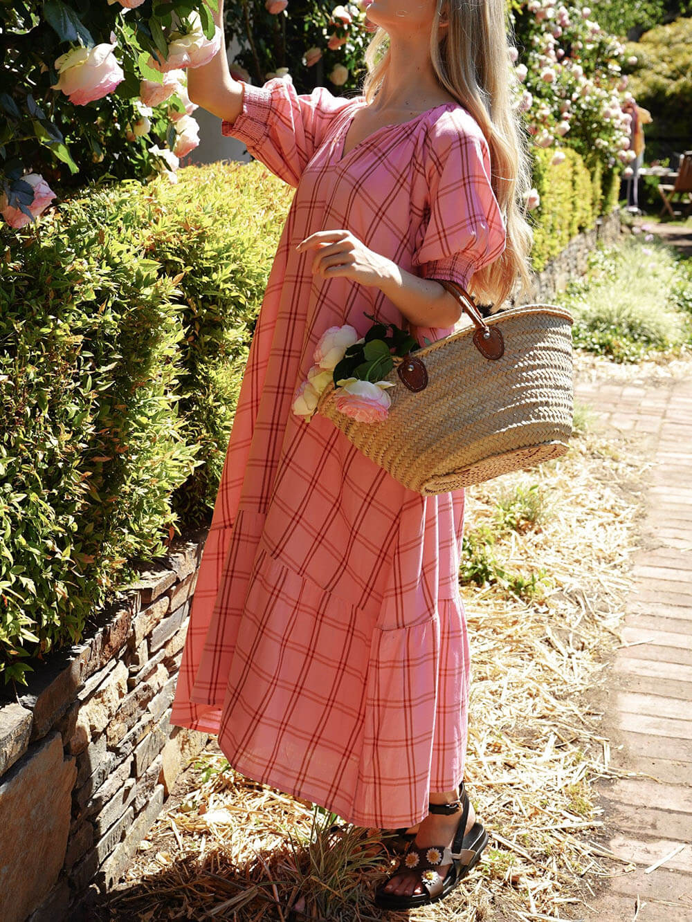 Beautiful Plaid Print With Pleated Puff Sleeves And Ruffled Tiered Maxi Dress