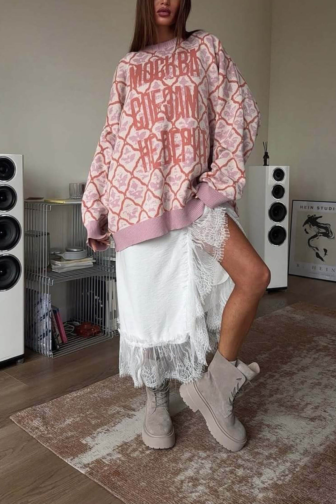 Casual Letter Diamond Print Crew Neck Long Sleeve Sweater