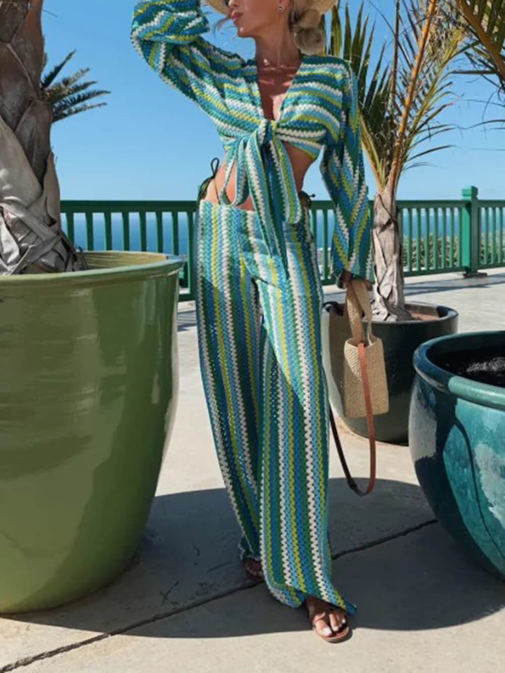 Bold Moves Colorful Striped Knit High-Waist Wide-Leg Pants