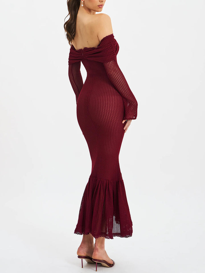 Exquisite Burgundy Off Shoulder Long Sleeve Crochet Mermaid Maxi Dress