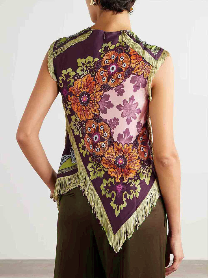 Unique Retro Floral Print Tassel Vest Two-Piece Set