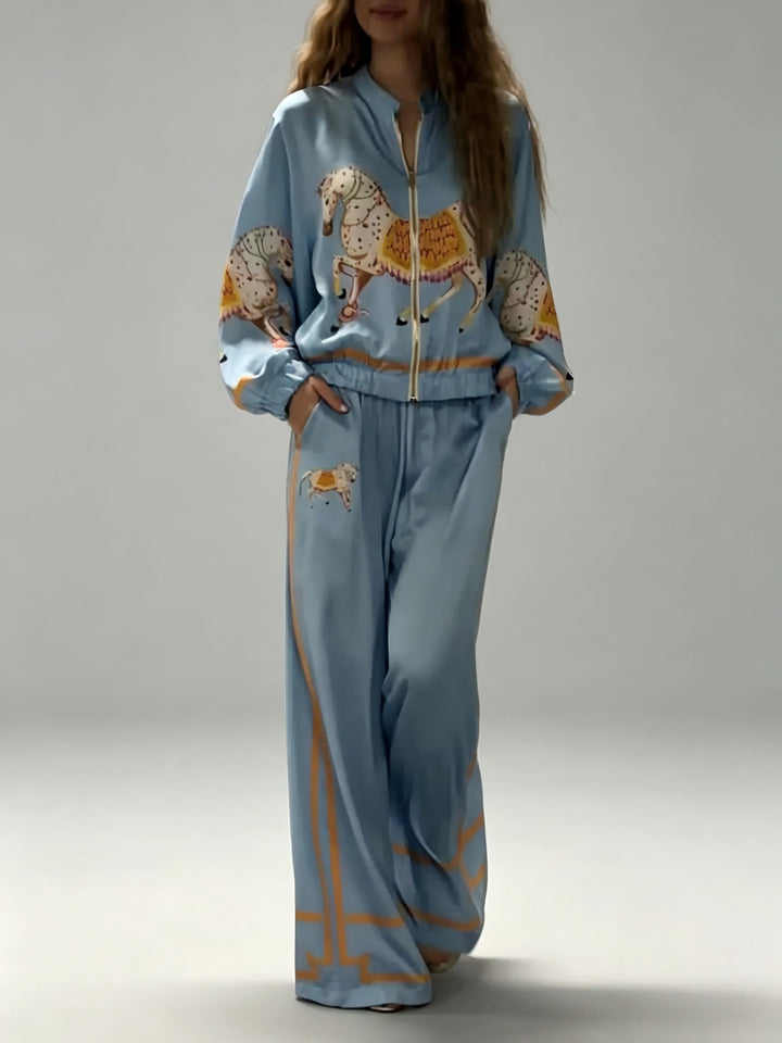 Exquisite Satin Horse Print Zip-Up Shirt