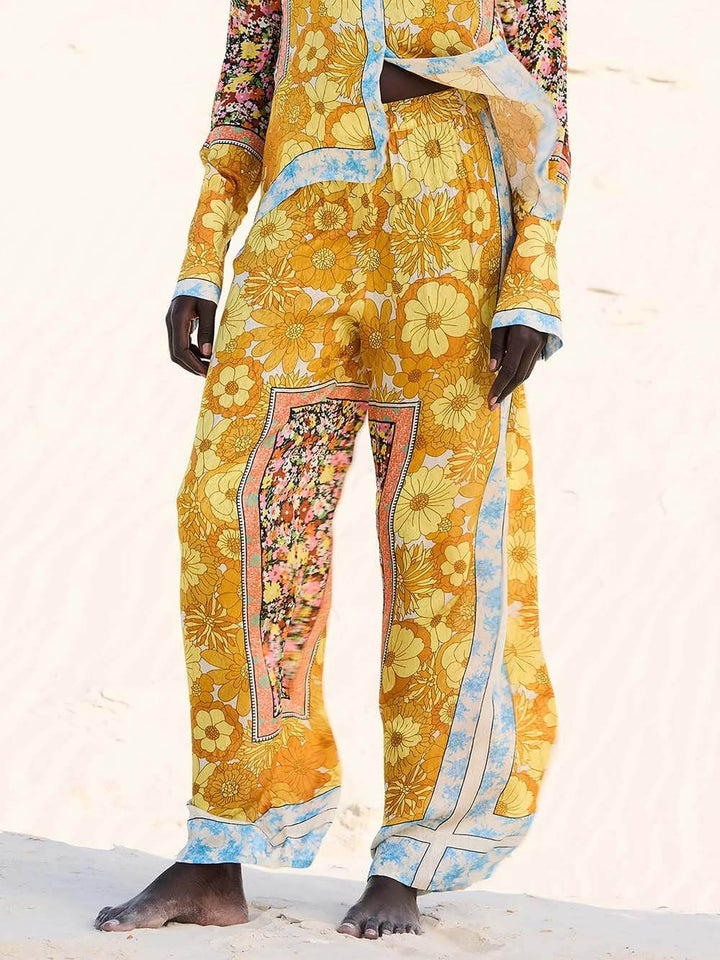 Unique Satin Floral Print Straight-Cut Loose Shirt