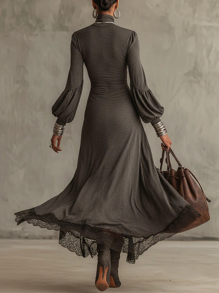 Elegant Puff-sleeved Knitted Lace Maxi Dress