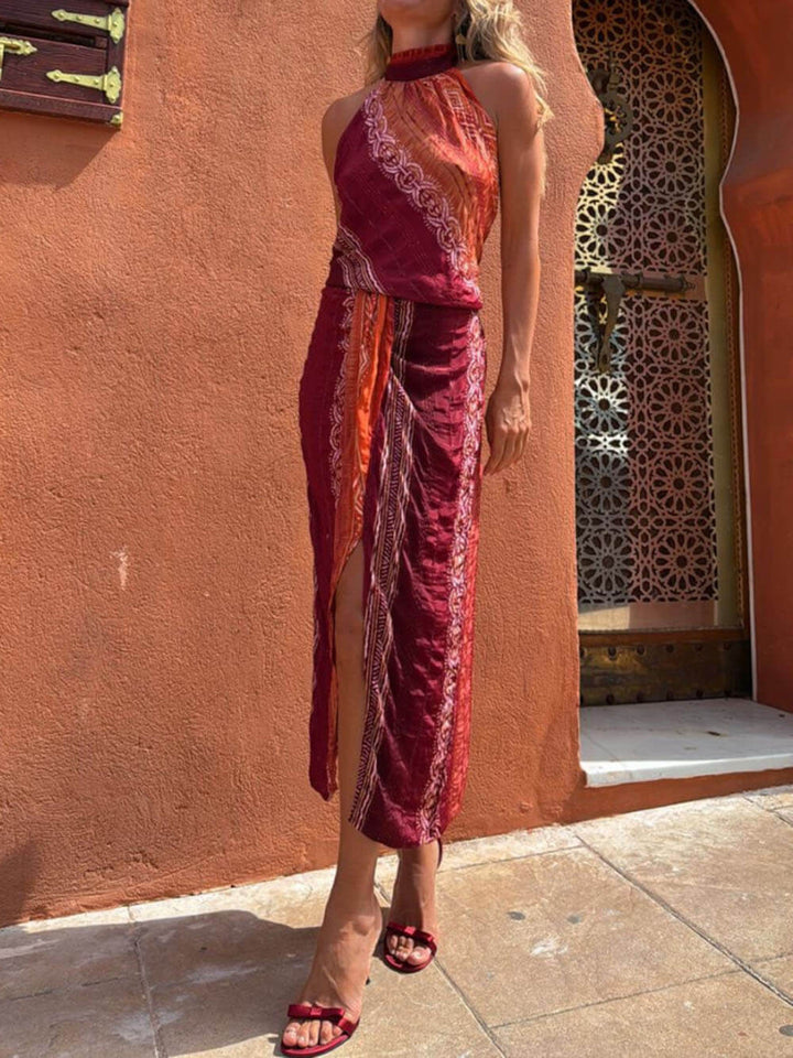 Unique Pattern Print Open Back Pleated Lace-Up Vest Top Slit Elastic Skirt Set