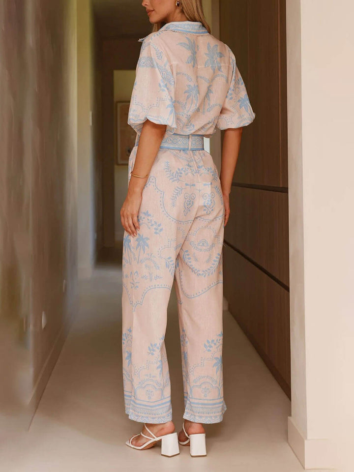 Casual Temperament Printed Linen Short-Sleeved Top With Belt And Straight Pants Set