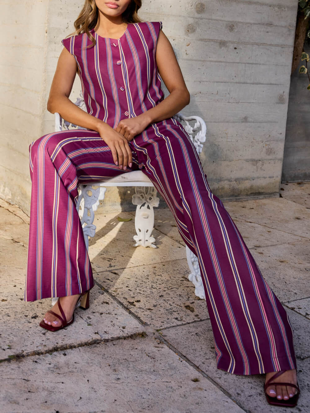 Classic Striped Print Button-Detail Tank Top