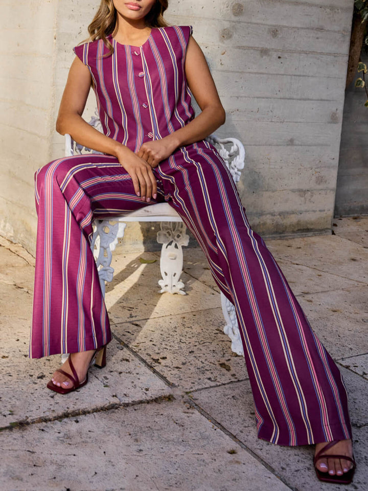 Classic Striped Print Button-Detail Tank Top