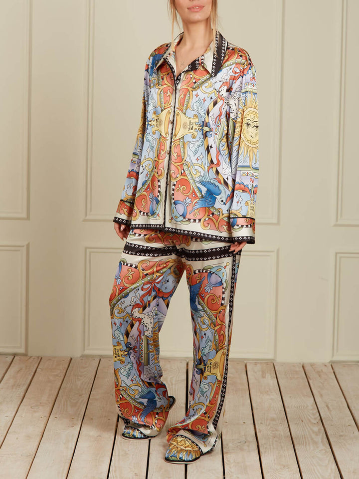 Unique Sunshine Print Collared Button-Up Loose Shirt