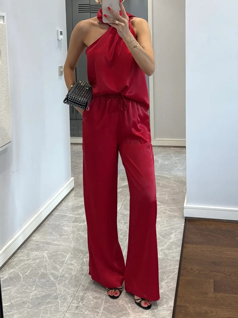 Elegant Satin Ribbon Neckline Top And Pants Two-piece Set