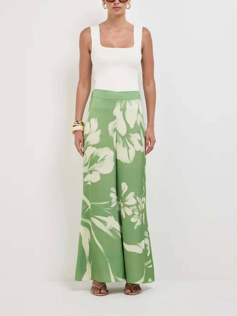 Modern Satin Abstract Floral Print Bell-Bottom Pants