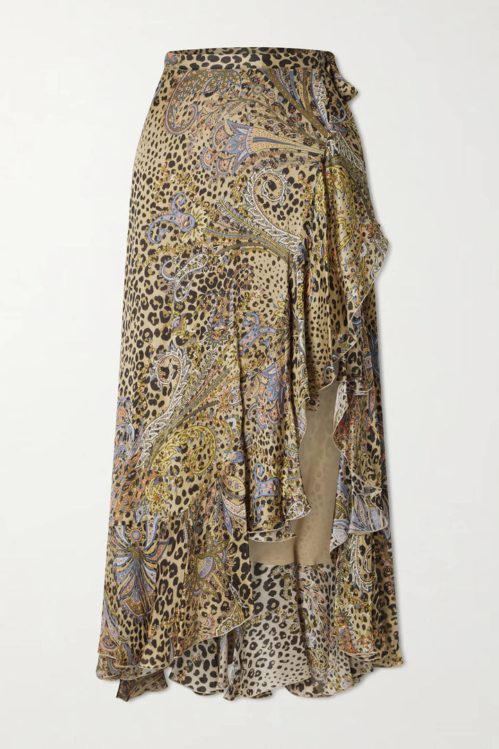 Unique Ruffled Leopard Print Paisley Satin Wrap Midi Skirt