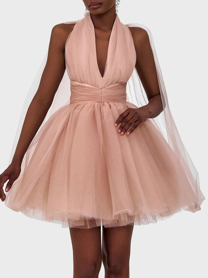 Elegant V-neck Cape Tulle Mini Dress