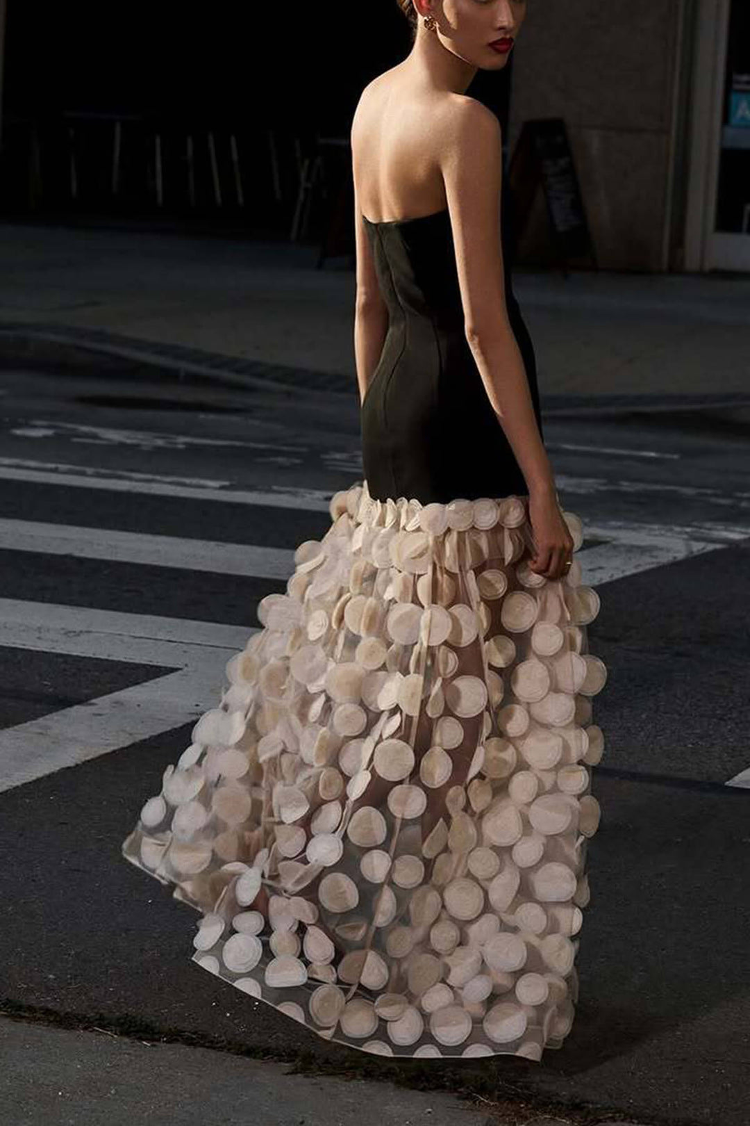 Elegant Strapless Top with Patchwork Polka Dot Mesh Maxi Dress