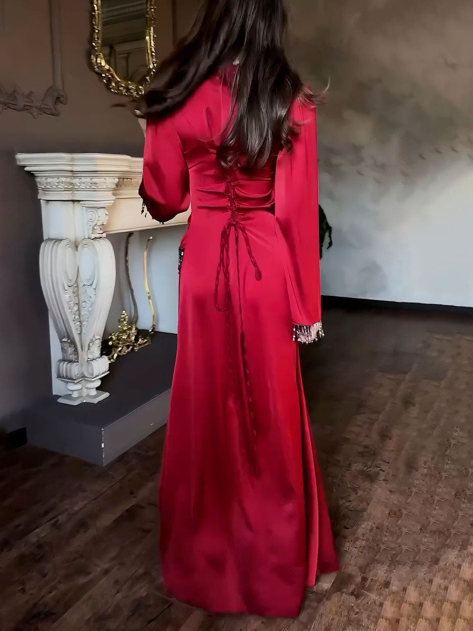 Elegant Satin Beaded Tassel Maxi Dress