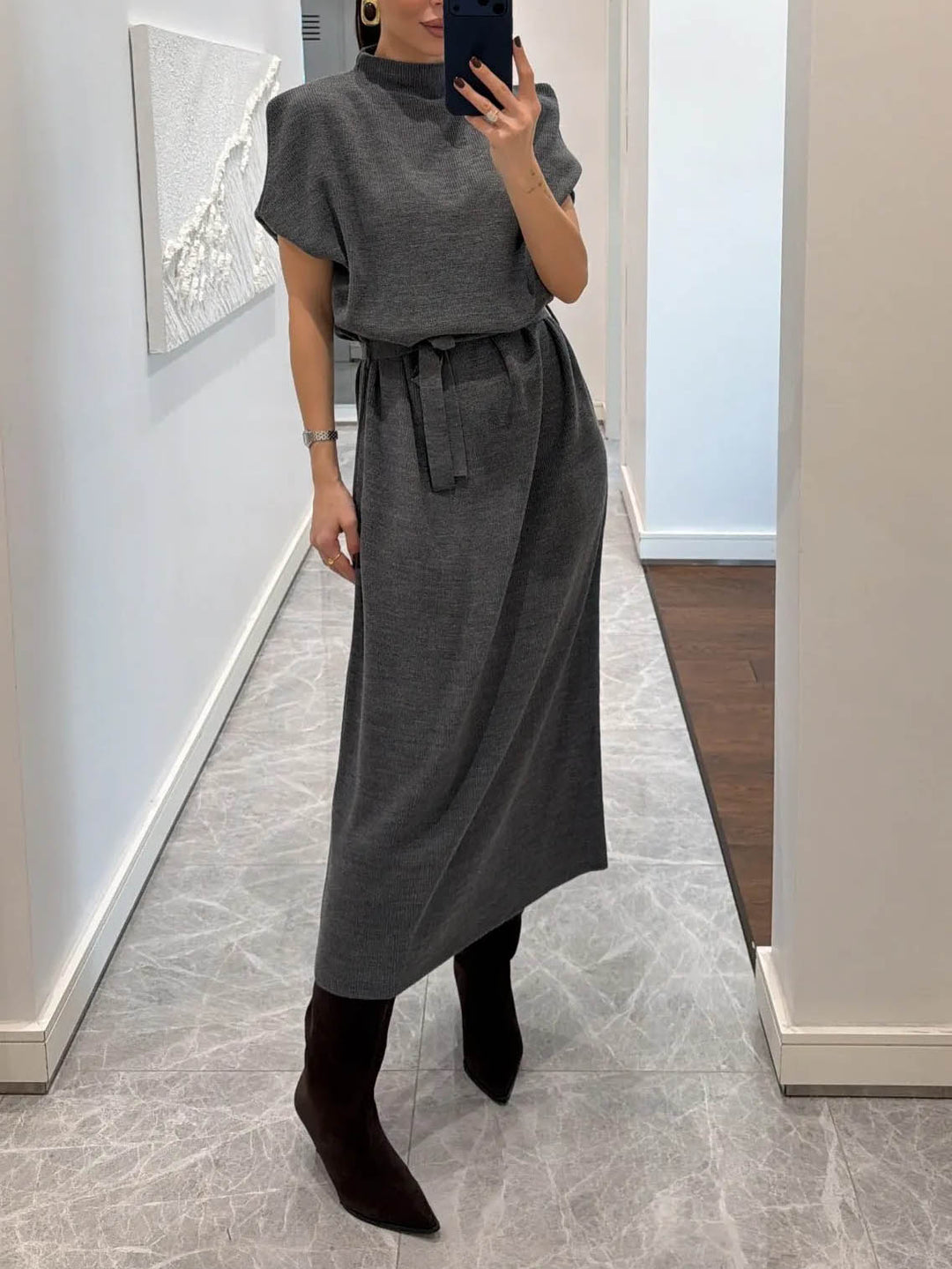 Minimalist Crew Neck Belted Midi Dress