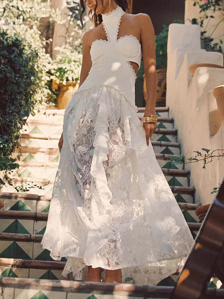 Delicate Lace High-Neck Cut-Out Ruffle Maxi Dress