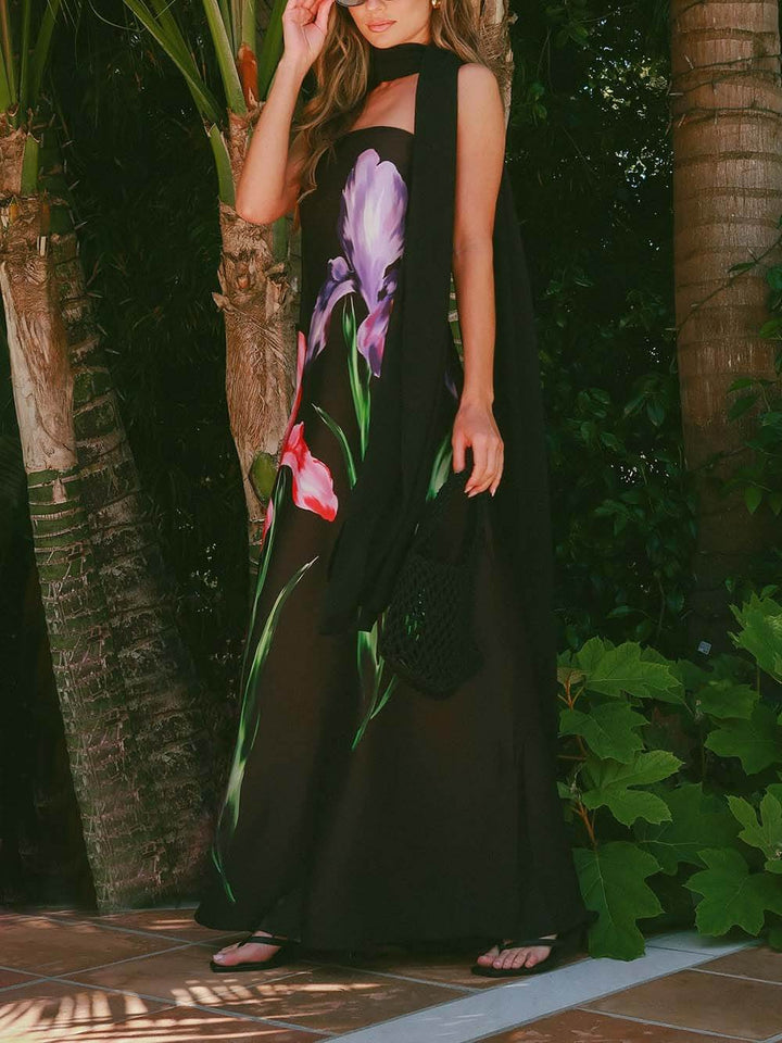 Elegant Printed Off-the-Shoulder Scarf Maxi Dress