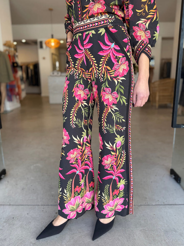 Unique Tropical Botanical Floral Print Elastic Waist Pocket Straight-Leg Pants