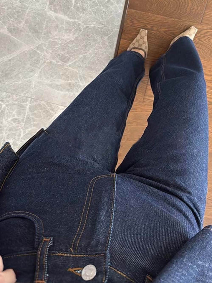 Classic Fashion Workwear Style Denim High Rise Pocket Straight Leg Jeans