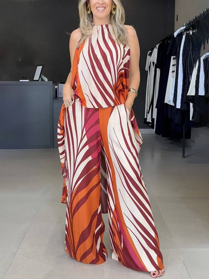 Fashionable Unique Positioning Print Long Sleeveless Top Wide Leg Pants Set