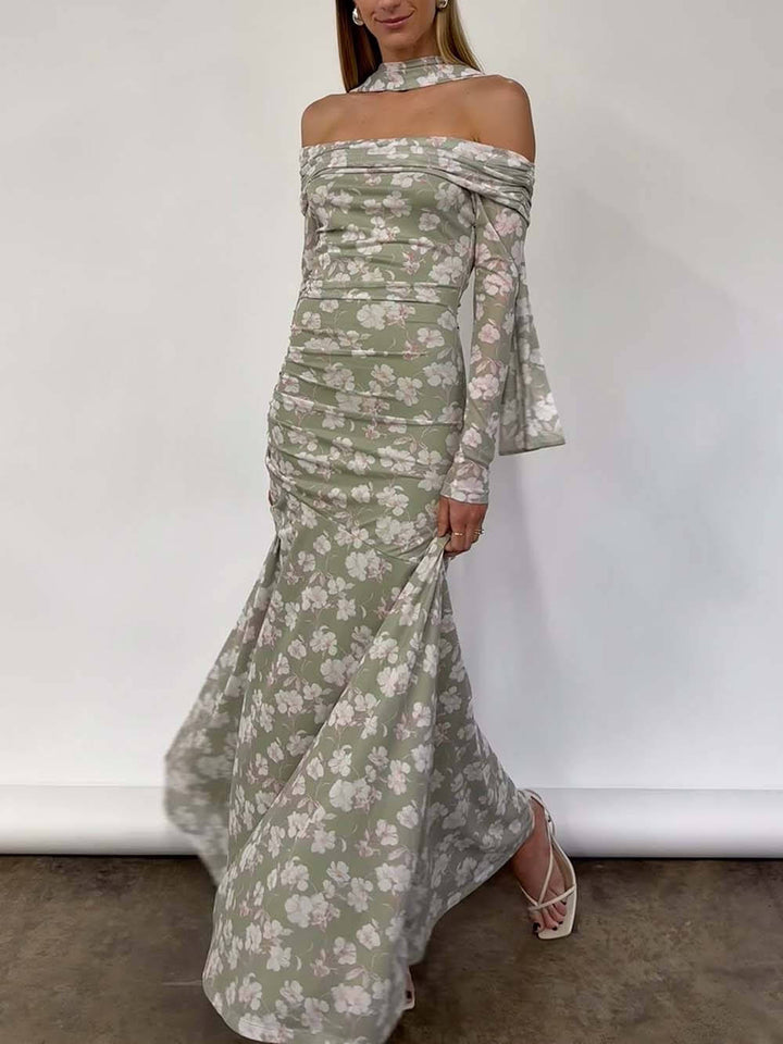 Elegant Floral Print Off-Shoulder Ruched Waist Maxi Dress